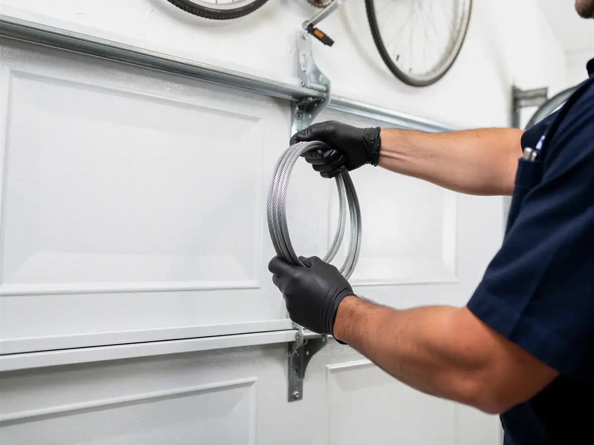 A technician in black gloves holds a coiled cable next to a white garage door.