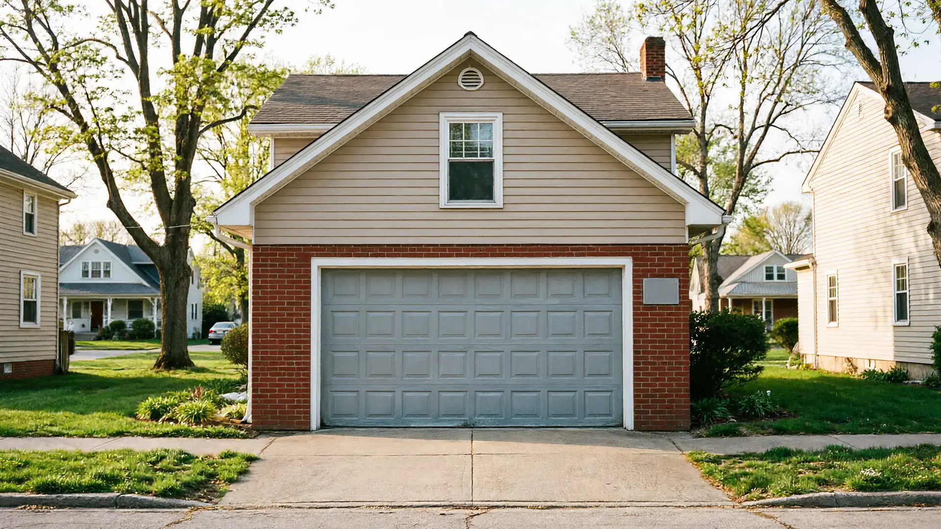A gray paneled garage door is on a brick and tan house with a driveway.
