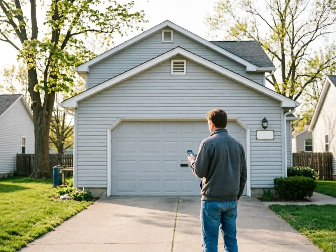 A man stands in a driveway looking at his phone in front of a house.