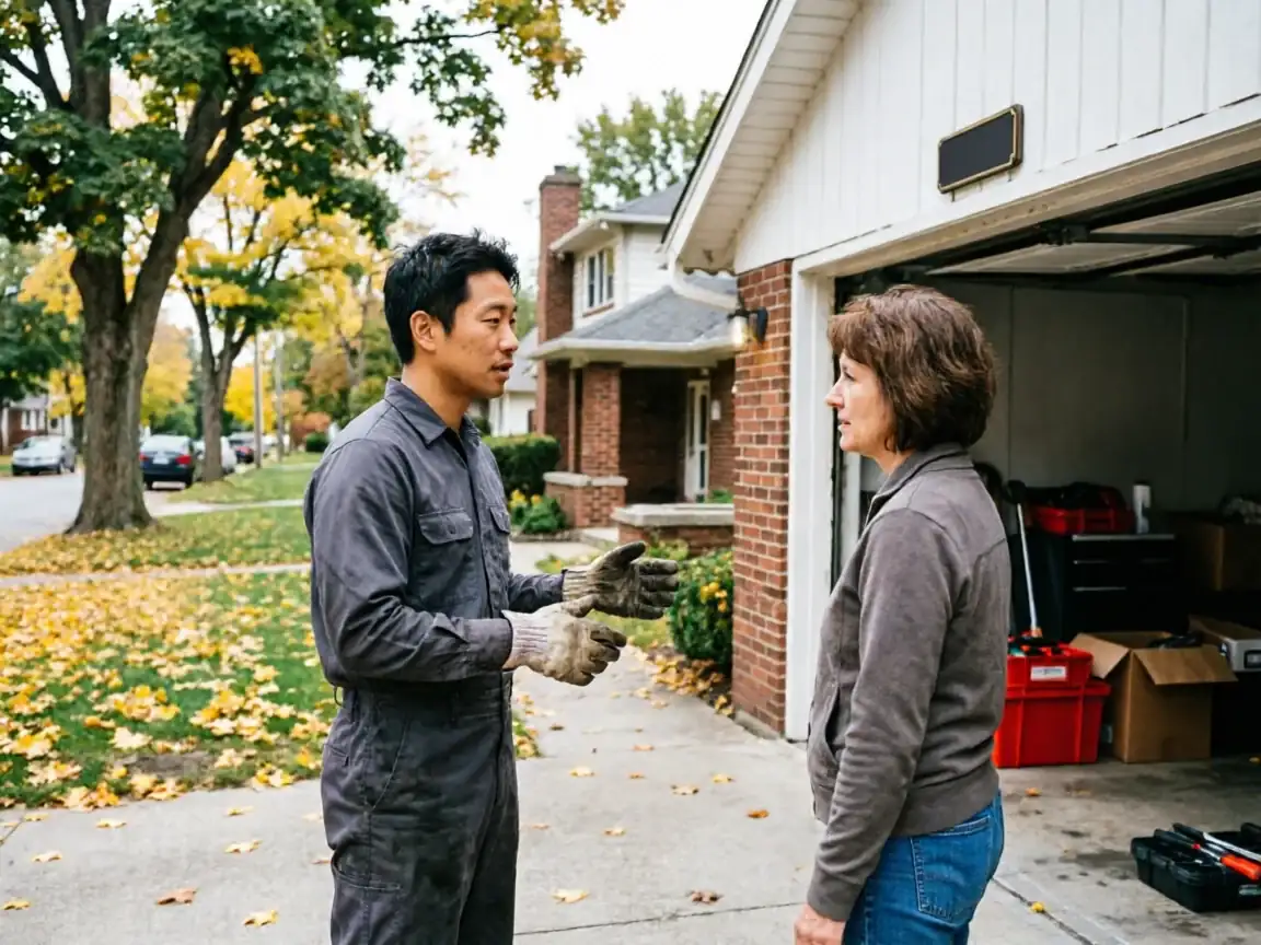 A technician in a gray jumpsuit talks to a woman in front of a garage.