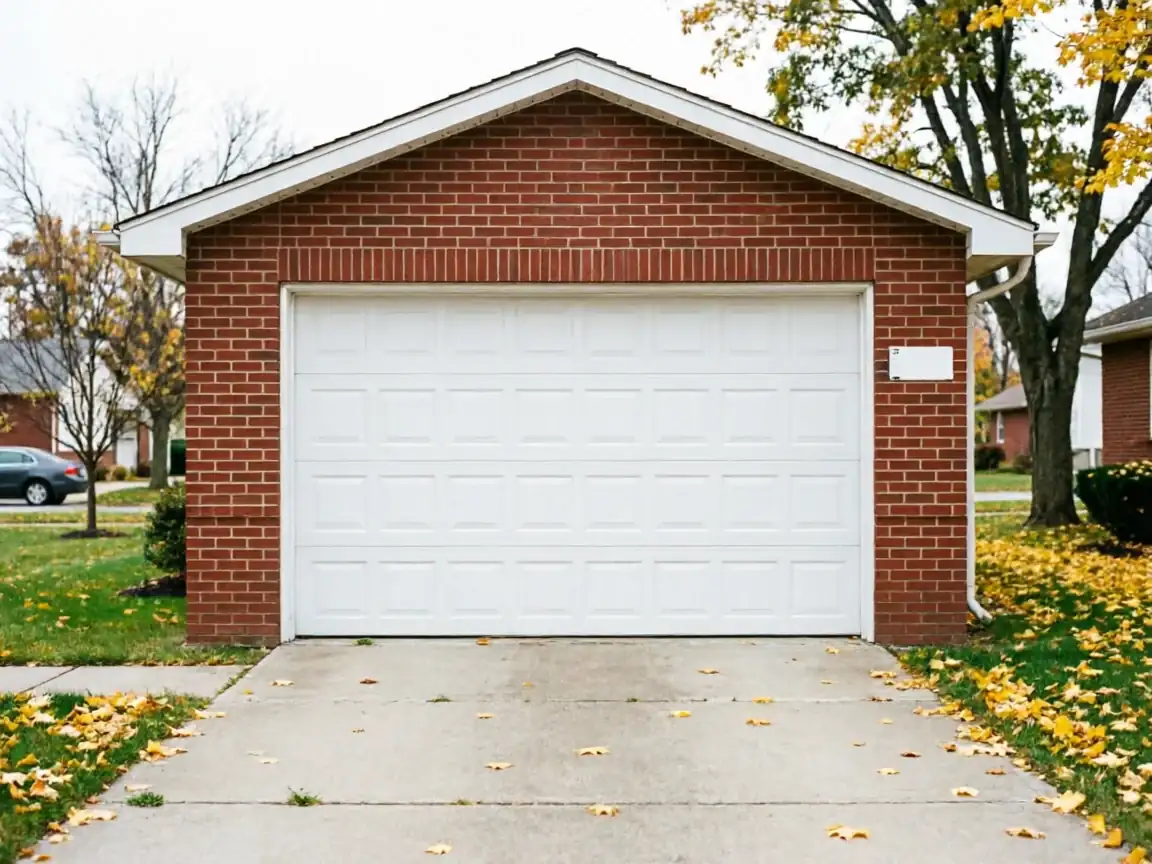 A white paneled garage door is set in a red brick house with a concrete driveway.